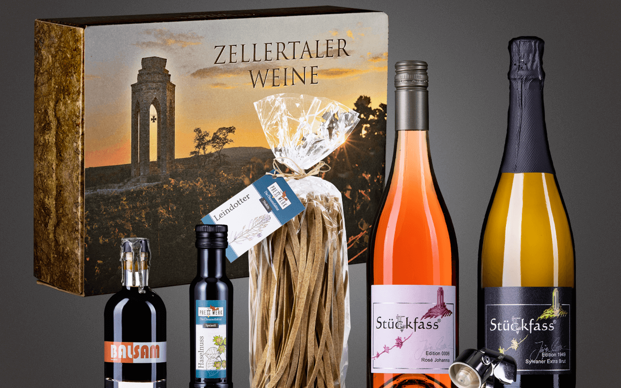 JTC Zellertal-Genießerbox "Haselnusöl, Bio-Essig, Nudeln, Sylvaner Sekt und Rosé" Präsent zum Abholpreis JTC Zellertal-Genießerbox "Haselnusöl, Bio-Essig, Nudeln, Sylvaner Sekt und Rosé" Präsent zum Abholpreis