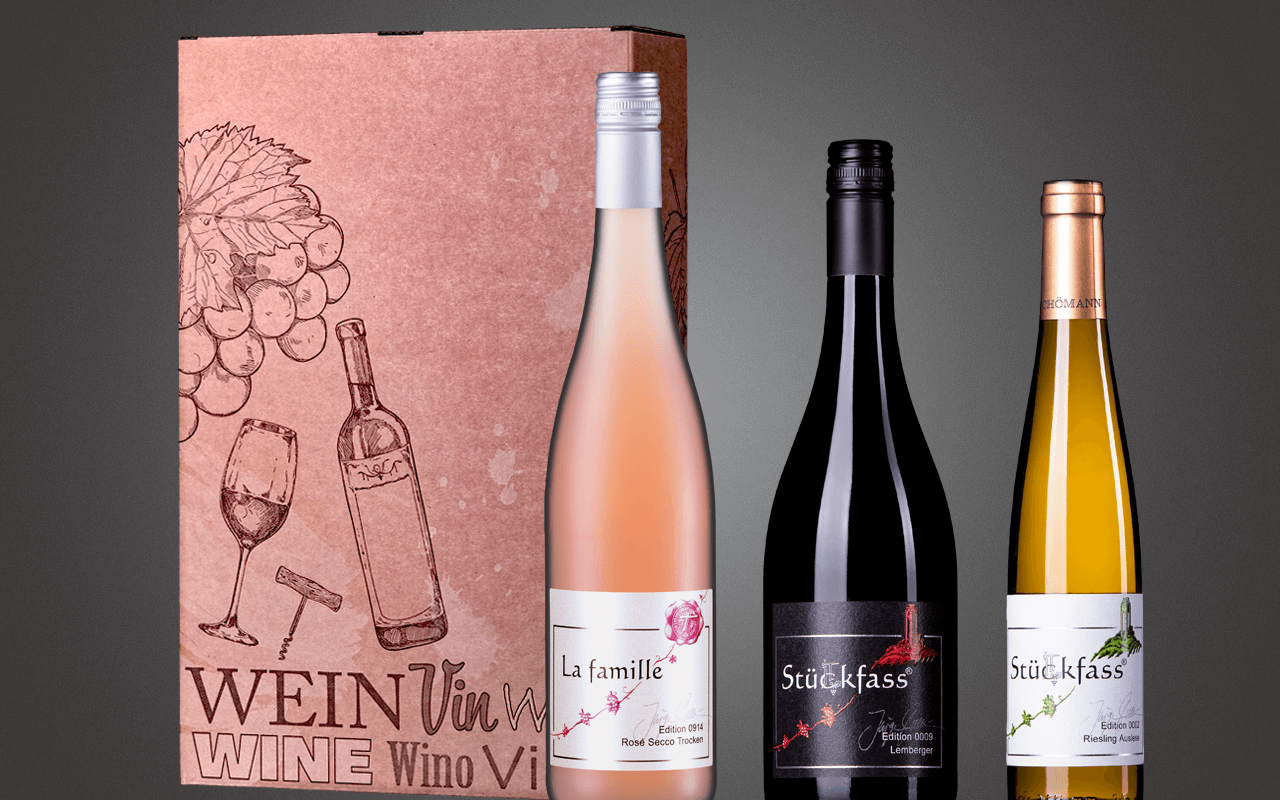 JTC 3er Karton "Secco Rosé trifft Bio Lemberger und Demeter Auslese" - Präsent zum Abholpreis JTC 3er Karton "Secco Rosé trifft Bio Lemberger und Demeter Auslese" - Präsent zum Abholpreis
