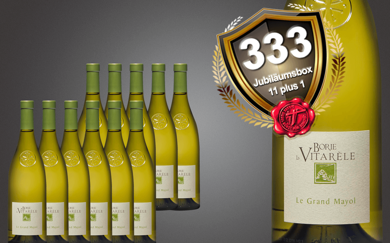Sparbox "11 plus 1" mit Bio Weißwein Languedoc, Südfrankreich zum 333-jährigen Jubiläum