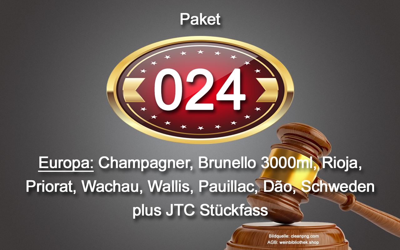 0024 AUKTION Europa-Paket high end: Champagner, Barbaresco, Brunello 3000l, Rioja, Priorat, Wachau, Wallis, Pauillac, Dão, Schweden, JTC Stückfass