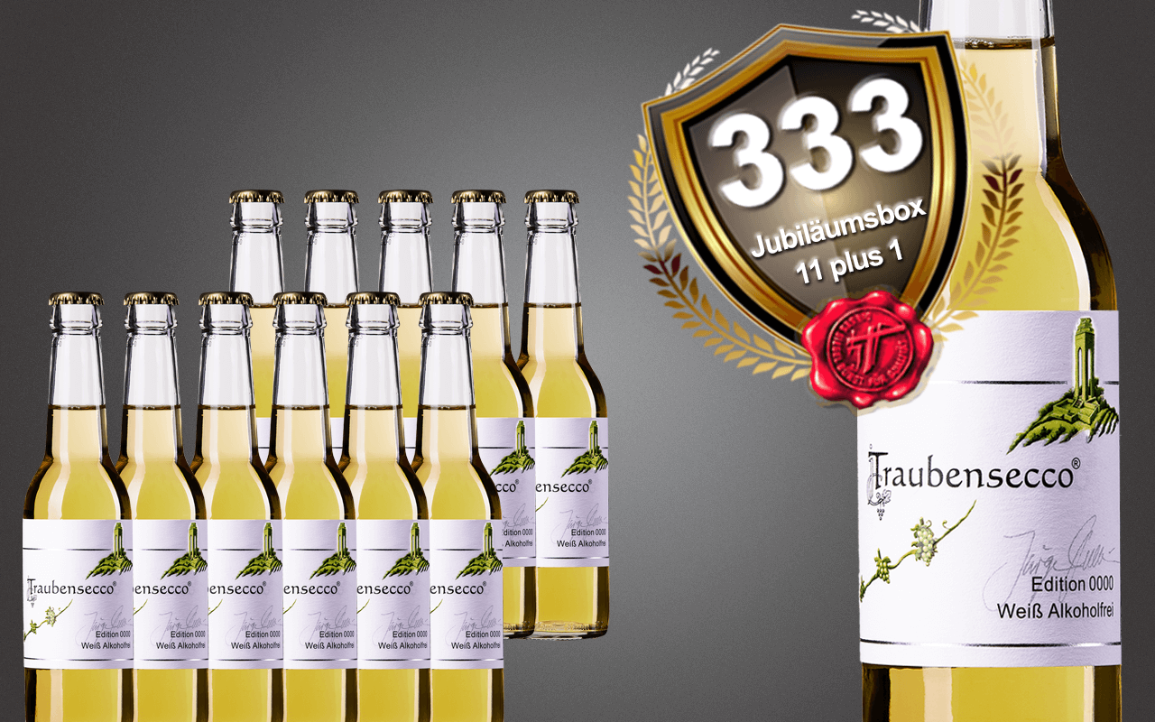 Sparbox "11 plus 1" mit Mini Traubensecco Weiß Alkoholfrei, Nahe zum 333-jährigen Jubiläum 