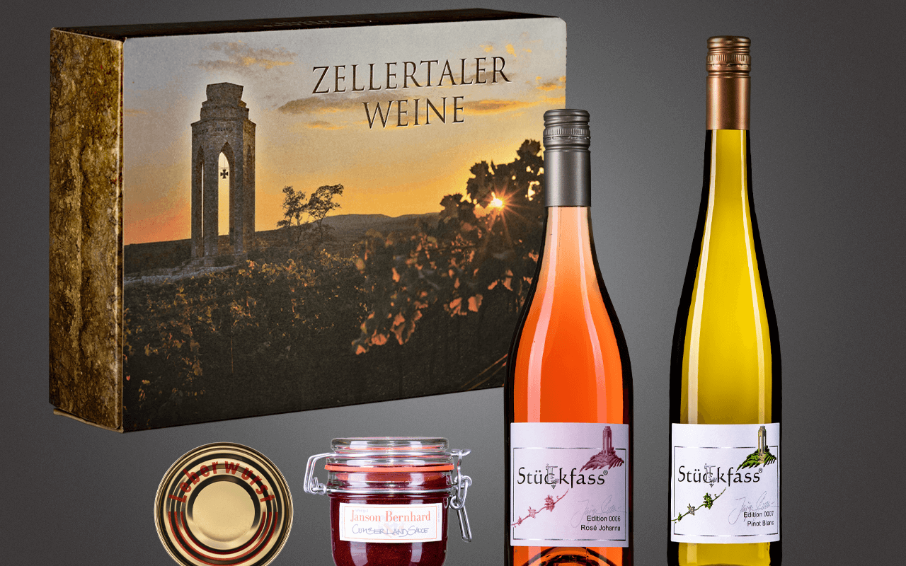 JTC Zellertal-Genießerbox "Pinot, Rosé, Lewwerworscht und Cumberland-Sauce" Präsent zum Abholpreis JTC Zellertal-Genießerbox "Pinot, Rosé, Lewwerworscht und Cumberland-Sauce" Präsent zum Abholpreis