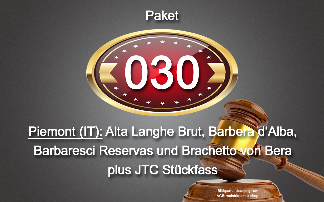 0030 AUKTION Piemont-Paket: Alta Langhe Brut, Barbera d‘Alba, Barbaresci Reservas und Brachetto von Bera, JTC Stückfass
