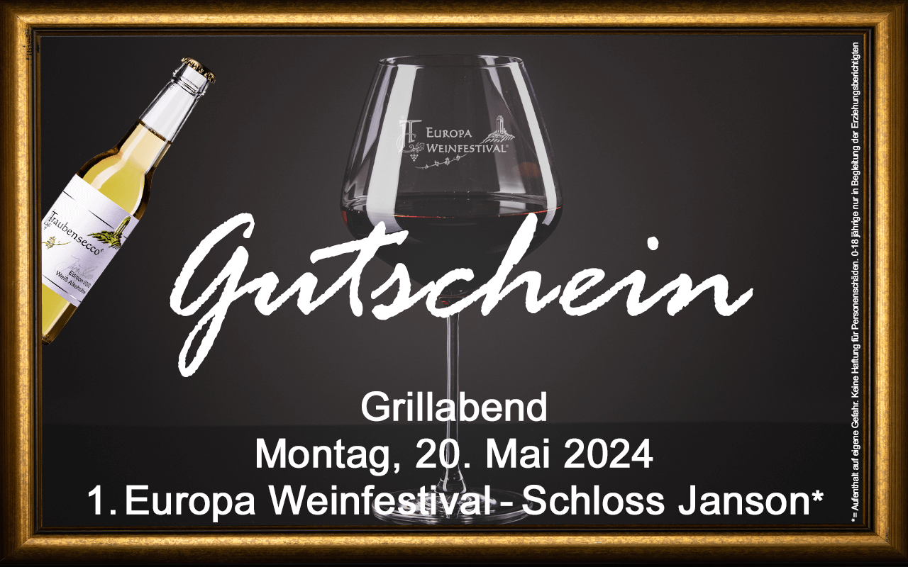 Weinfestival Grillabend 20.05.2024 (Mo.) Messe-Gutschein Schloss Janson Weinfestival Grillabend 20.05.2024 (Mo.) Messe-Gutschein Schloss Janson