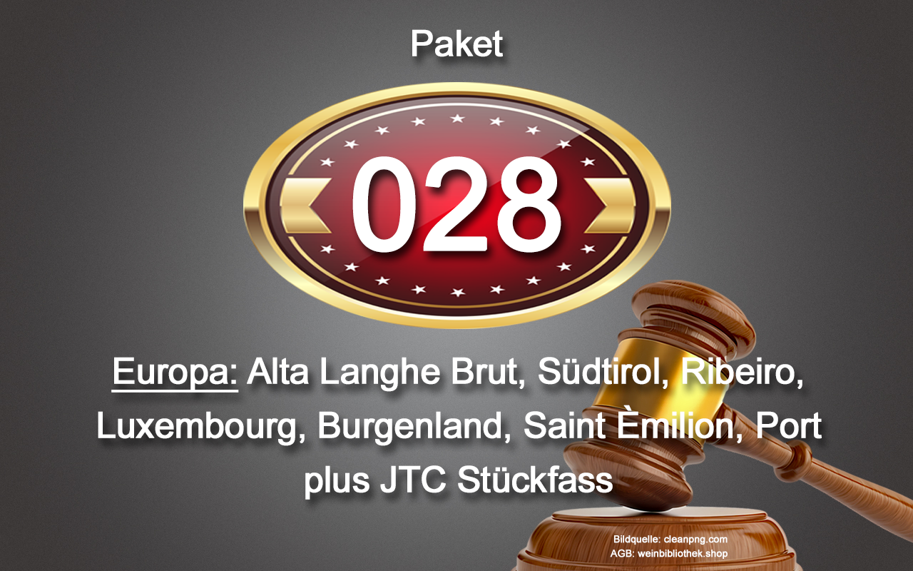0028 AUKTION Europa-Paket: Alta Langhe Brut, Südtirol, Ribeiro, Luxembourg, Burgenland Magnum, Saint Èmilion, Port, JTC Stückfass