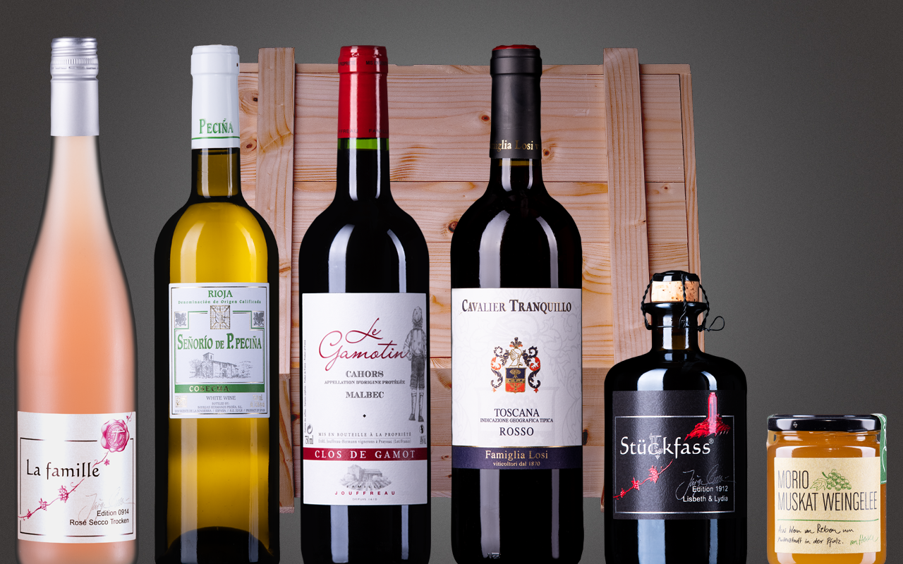 Präsentkiste 6er "Streifzug durch Europa - inklusive Malbec, Rosé Secco, Likörwein und Gelee" (Abholpreis) Präsentkiste 6er "Streifzug durch Europa - inklusive Malbec, Rosé Secco, Likörwein und Gelee" (Abholpreis)