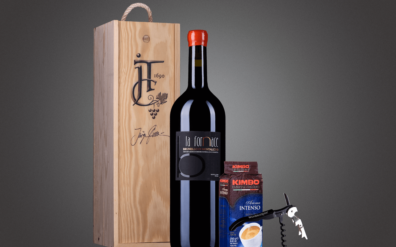 JTC 1er Doppelmagnum-Holzkiste "Toskana Brunello mit Kaffee" als Präsent verpackt (Abholpreis Vinothek) JTC 1er Doppelmagnum-Holzkiste "Toskana Brunello mit Kaffee" als Präsent verpackt (Abholpreis Vinothek)