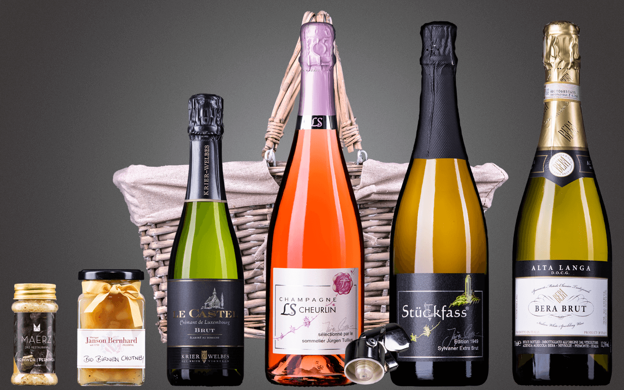 Präsentkorb "Schaumwein Kollektion - Pfalz trifft Europa" (Abholpreis - geringer Bestand!) Präsentkorb "Schaumwein Kollektion - Pfalz trifft Europa" (Abholpreis - geringer Bestand!)