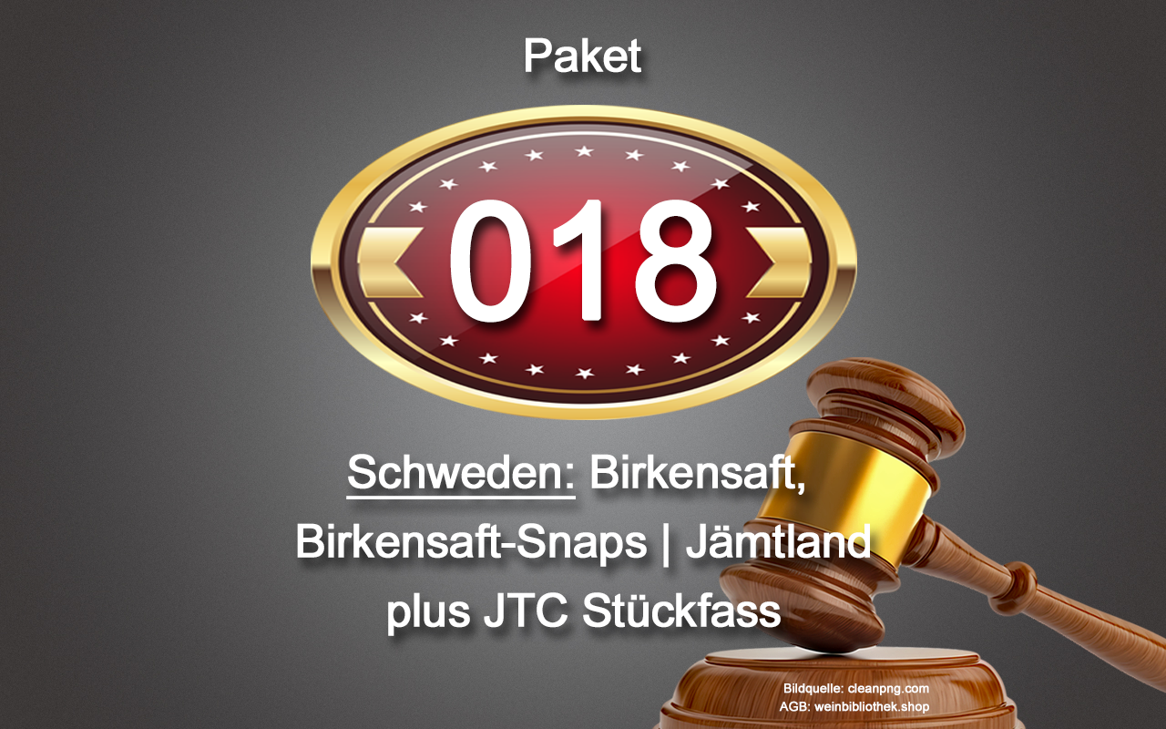 0018 AUKTION Schweden-Paket: Birkensaft,  Birkensaft-Snaps, Jämtland, JTC Stückfass